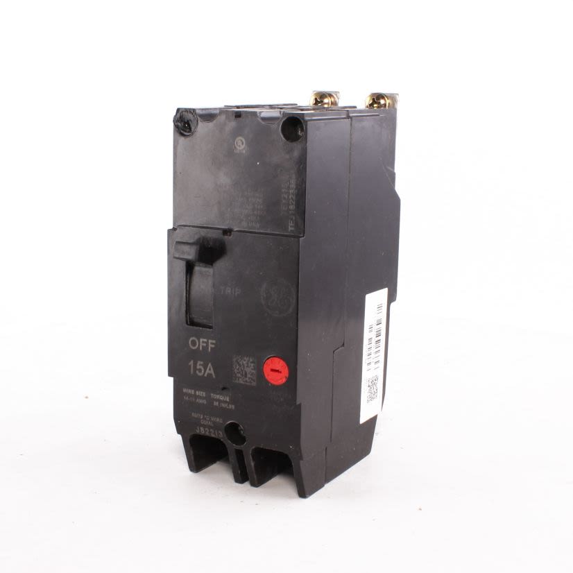 GE TEY215 Compact Lighting Panel Circuit Breaker With Copper/Aluminum Load Lug, 120/240/277 VAC, 15 A, 65/14 kA Interrupt, 2 Poles, LI/Non-Interchangeable Thermal Magnetic Trip
